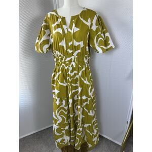 MEADOW RHODES mustard white abstract floral Cotton India tiered midi dress XL